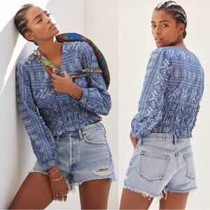 Anthropologie Forever That Girl Blue Yellow Patterned Smocked Waist Blouse